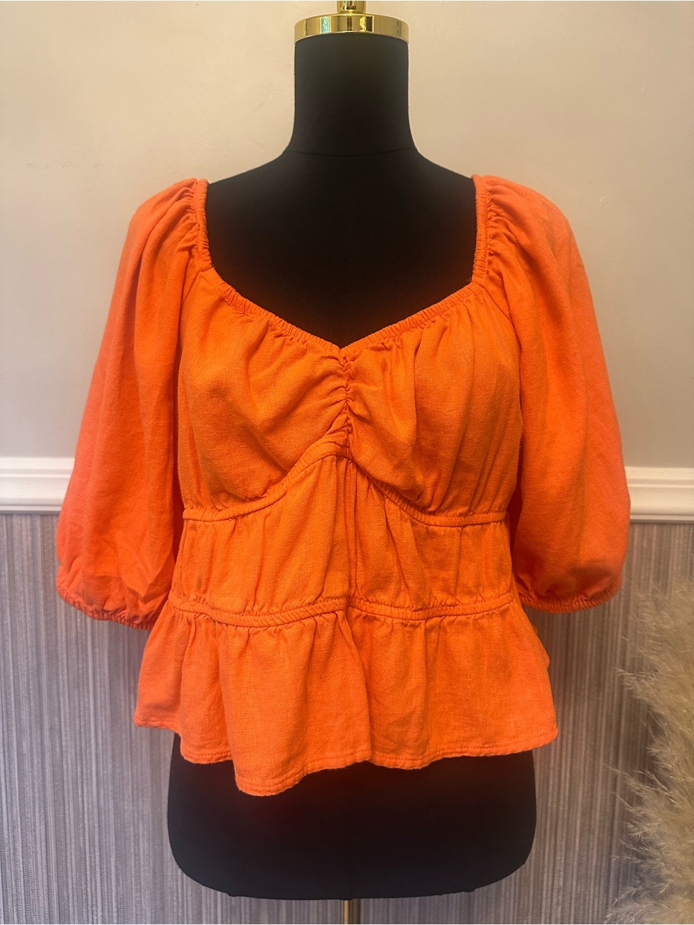 A New Day Orange Peplum Blouse XL Puff Sleeve Smocked Cottagecore